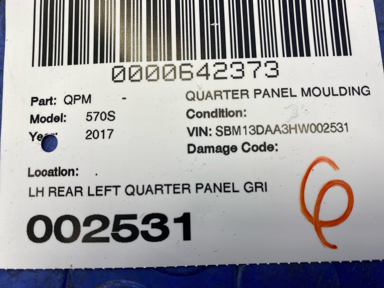 2016-2021 MCLAREN 570S REAR LEFT QUARTER PANEL GRILLE TRIM MOULDING DARK GRAY