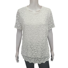Women  s Short Sleeves Dressy Lined Blouse Top Lace Overlay Large Size White