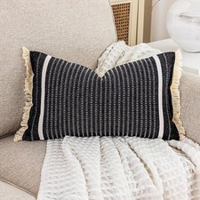 Modern Farmhouse Black Striped Lumbar Pillow Cover 12x20 with Tassels 1 Pack,...
