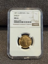 1871 Victoria Young Head Shield Sovereign. Graded MS61 by NGC