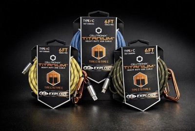 New Celltronix Titanium Go EXPLORE 6FT USB-C to USB-C Cable Braided Carabiner