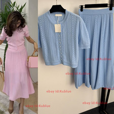 Pearl button hollow long sleeved knitted cardigan knitted silm skirt set women