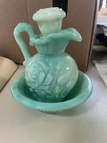 Avon Jadeite Milk Glass Small Pitcher & Bowl Perfume Bath Bottle Vintage 1970s