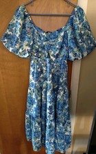 Flowy Beach Square Neck Puff Short Sleeve Smocked Boho Floral Long Maxi Sz Small