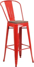 Lily 30" High Red Metal Barstool with Back and Wood Seat (Pack of 1)