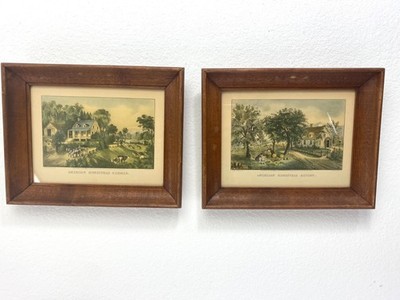 Two Lithograph Wood Framed American Homestead Prints Courier & Ives 10'' x 8''
