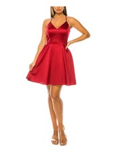 B DARLIN Womens Stretch Sleeveless V Neck Short Party Fit + Flare Dress