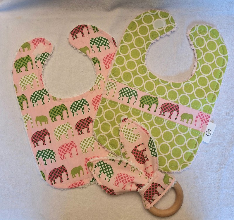 Boutique Baby Toddler Pink Elephants Chenille Bibs, Teething Ring