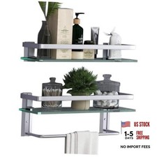 Glass Bathroom Shelf 15.7in Bathroom Shelf Wall 2 tier with towel bar silver