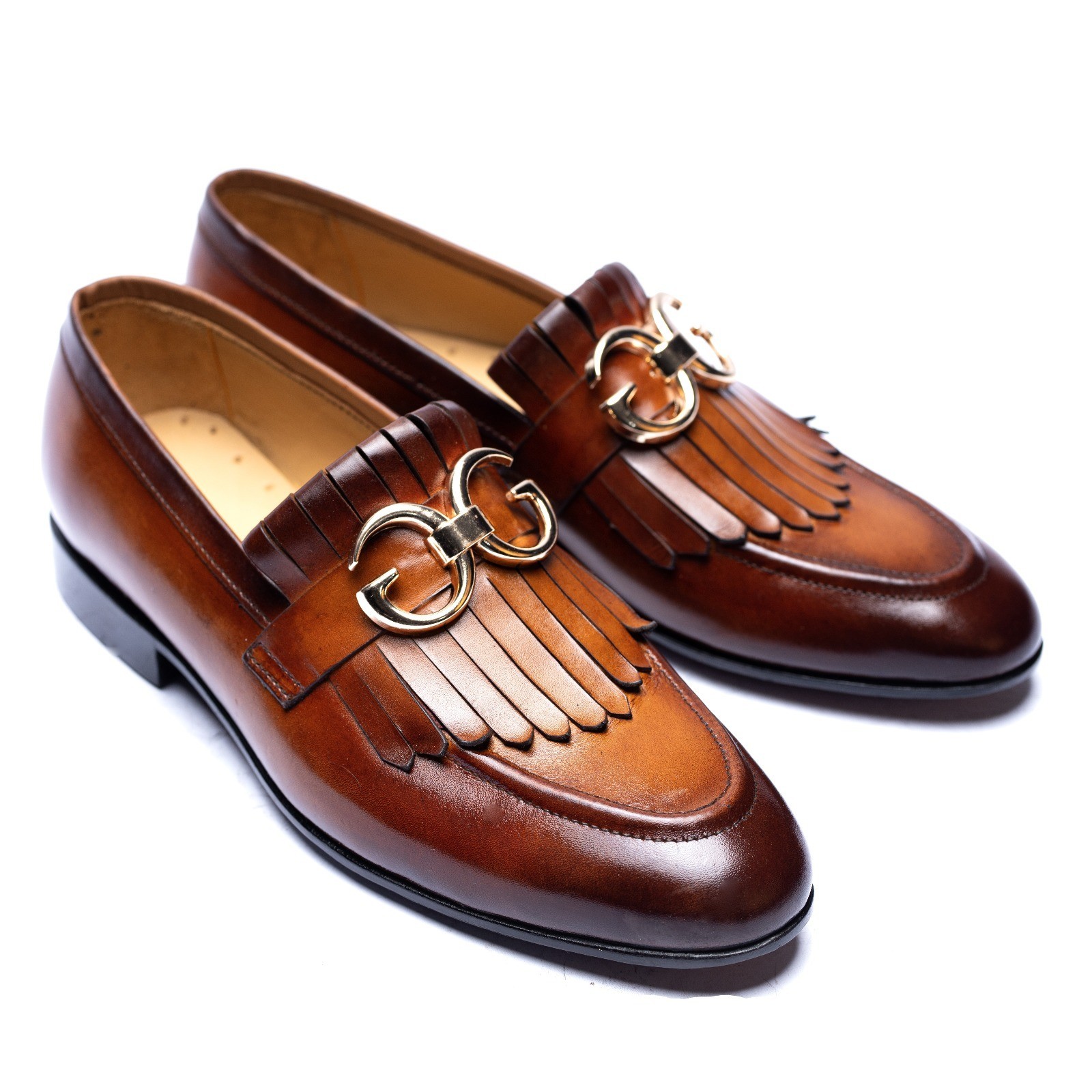 Handmade Fringes Slip On Brown Leather Office Dress Shoes For Men Free Gift Wrap