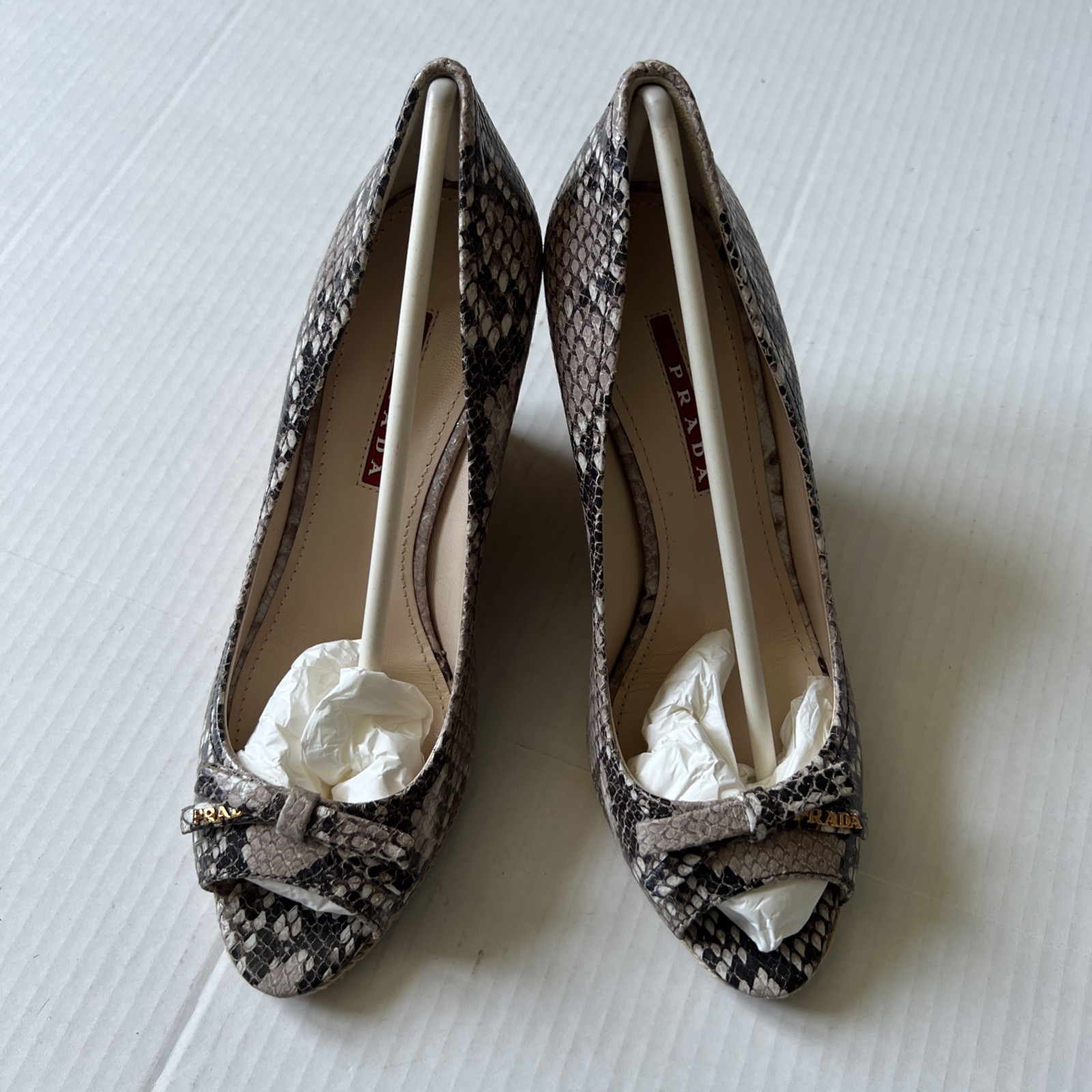 Prada  7-7.5 Bow Leather Cork Wedge Peep Toe Pumps Snake Print NWB thumbnail 2