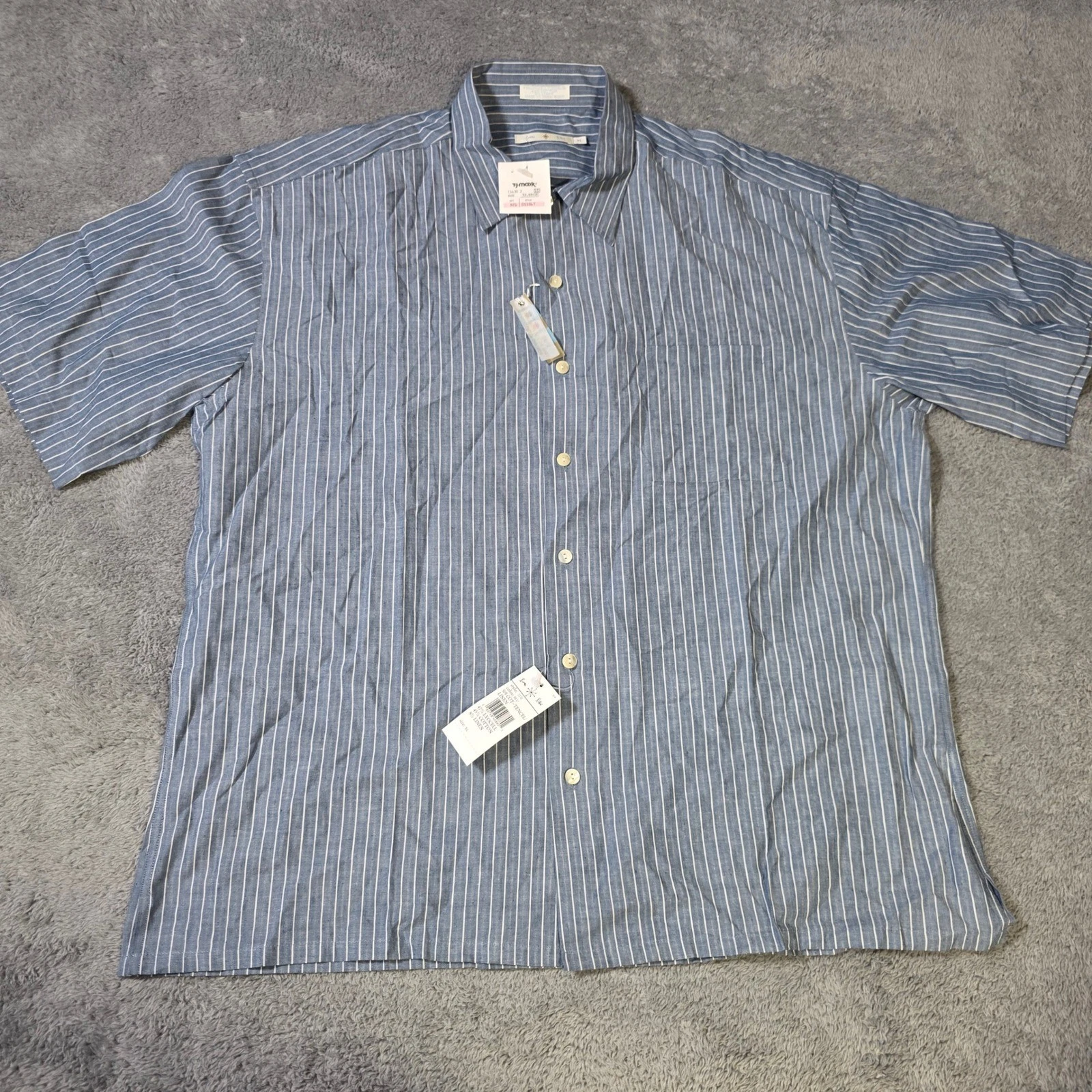 Burma Bibas Mens XL Short Sleeve Shirt Blue White Striped Linen Blend 7232 NWT