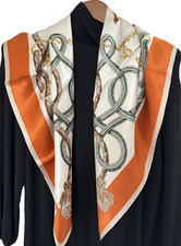 35"x35"Orange Horse Harness Print Pure Mulberry Satin Silk14momme Scarf88x88cm24