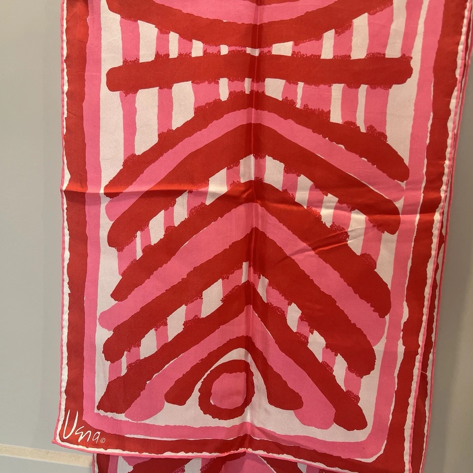 "Bufanda de seda vintage Vera Neuman Mod roja rosa marfil Japón increíble rara 15""x43""" Foto 2 de 4