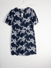 NWT $90 Loft Dress Womens S Navy Floral Embroidered Midi Short Sleeve Knee
