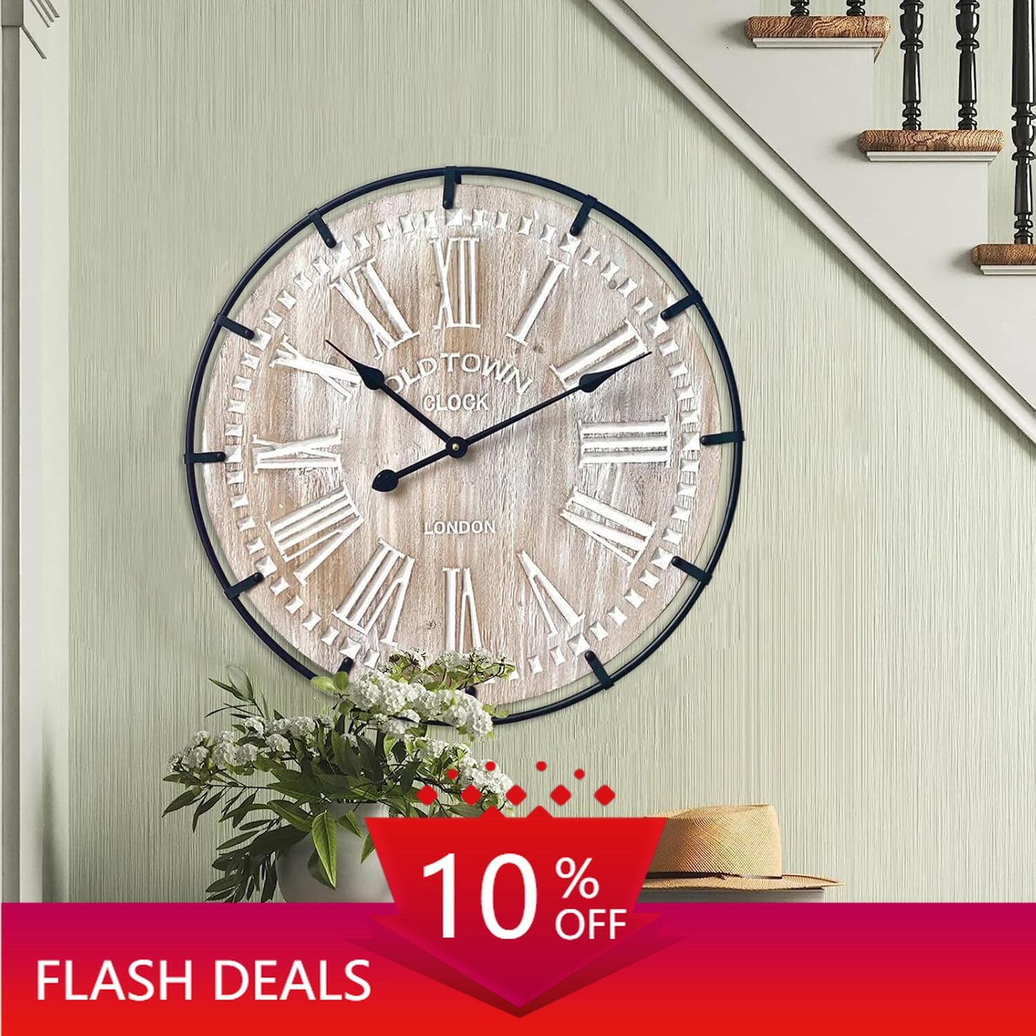 24 Inch Large Farmhouse Wall Clock, Rustic Antique Wood with