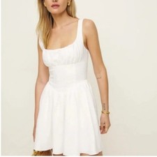 Reformation White Linen Corset Mini Dress Size 12 Smocked Back