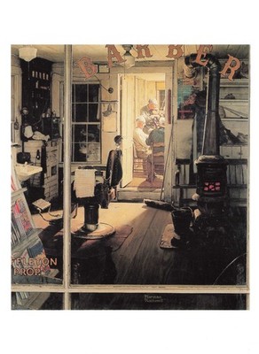 Postcard Norman Rockwell Illustration Art ''Shuffleton's Barbershop'' 1950 Stove