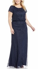 Adrianna Papell Blue Plus Size Bead Illusion Blouson Sequin Long Gown Dress 24W