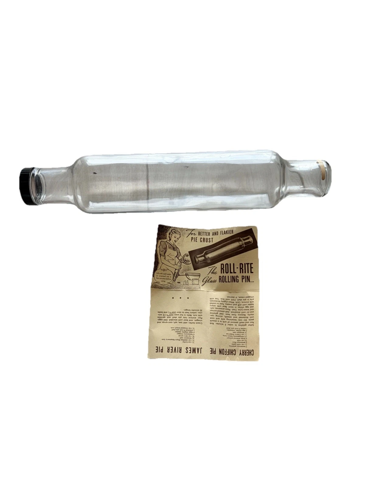 Vintage Roll-Rite Clear Glass Rolling Pin With Metal Lid And Pamphlet 1930-40