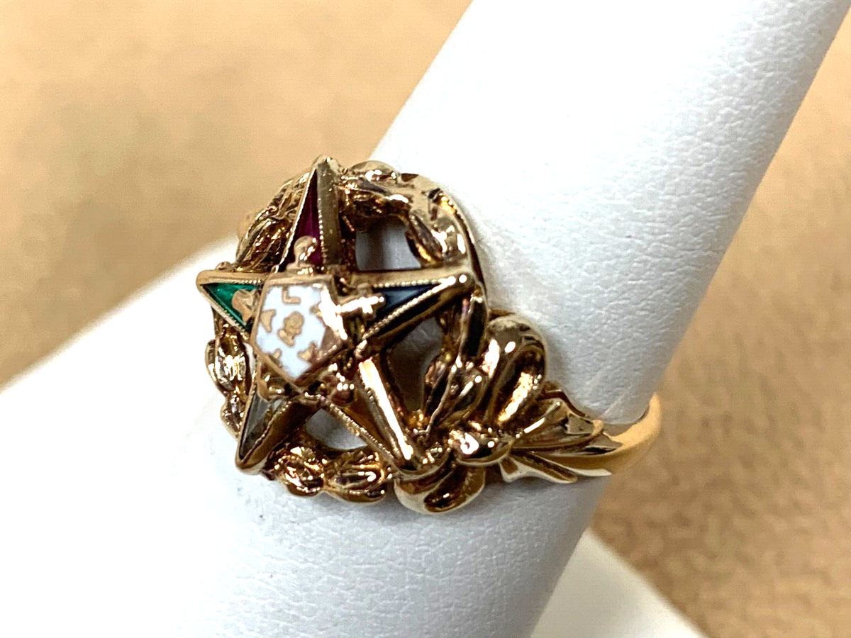 Vintage 10K Yellow Gold Eastern Star Ring with Gemstones Size