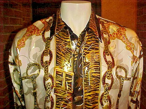 VINTAGE MEN'S CETA DOLCE METALLIC SILK SHIRT ANIMAL PRINT & CHAINS SIZE XLG - Picture 3 of 12