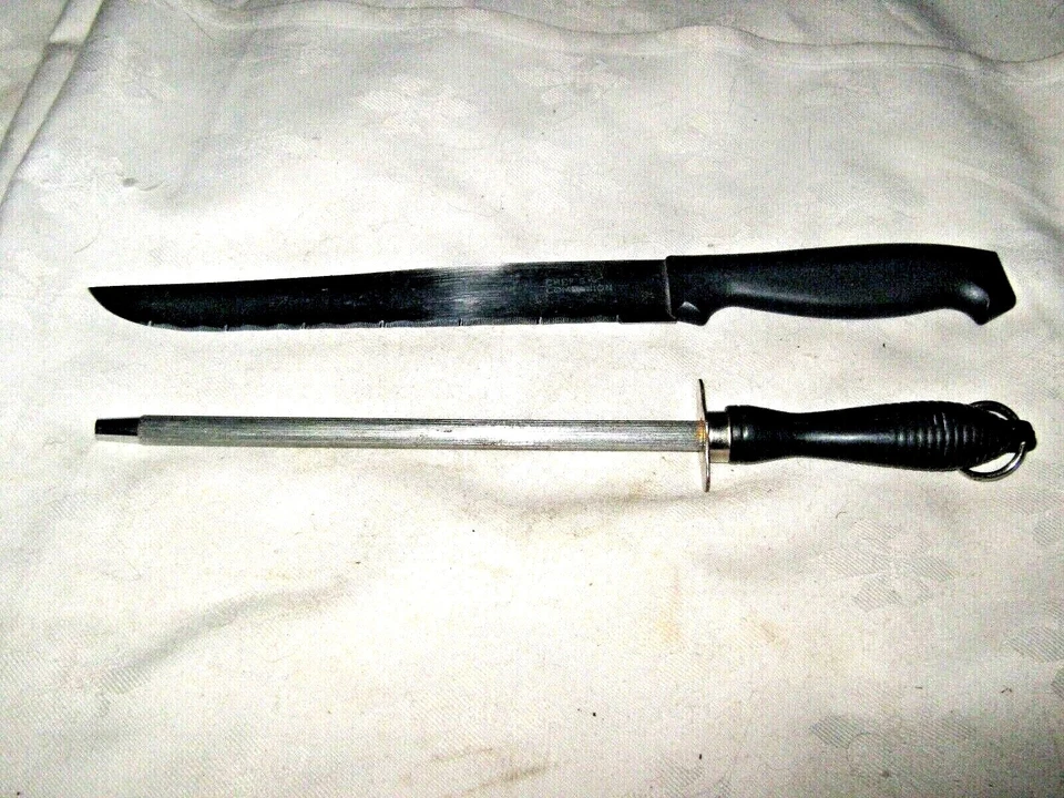 A Black Chefs Companion 20cm or 7.75" Blade Carving Knife & Sharpening Steel