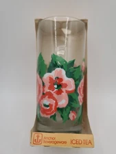 Vintage Anchor Hocking Beverageware 16 oz Iced Tea Glass Tumbler Red Flowers NEW