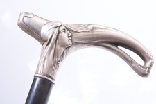 ANTIQUE CANE WALKING STICK HALL MARKED SILVER ART NOUVEAU FACE 85CM, 33.46