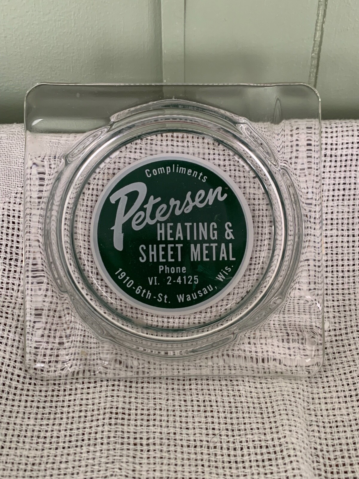 NOS New Glass Advertising Ashtray Ash Tray Petersen Heating & Sheet Metal Wi.