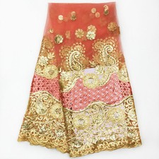 Gold African Tulle Mesh Lace Fabric 5 Yard Embroidery Sequins Lace 4 Party Dress