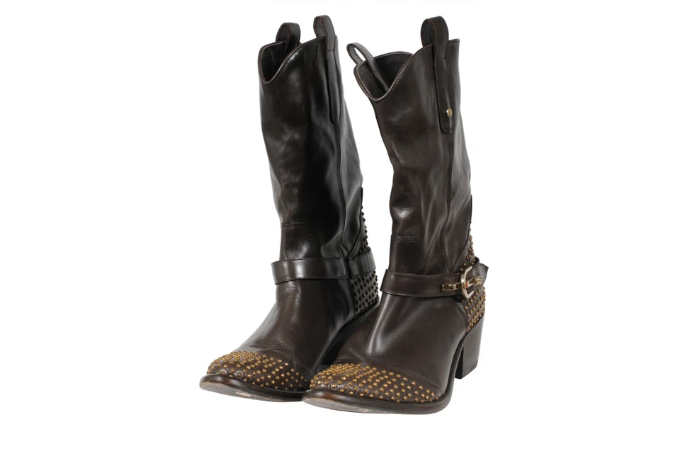 Cesare Paciotti Studded Western Cowboy Boots US 7 EU 37 Brown Leather Gold - Image 3 of 4