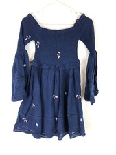 Free People, Women’s Embroidered Blue Mini Dress, Size Extra Small, Long Sleeves