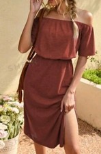 SHEIN LUNE Solid Off Shoulder A-line Split Thigh Dress In Burgundy Size XS, NWT.