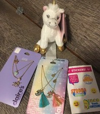 Claire  s Plush Unicorn Backpack Clip Bff Necklace Jewelry Justice Sticker Lot