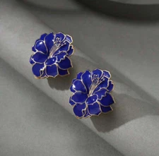 Clip on 1 1/4" gold and blue button style flower earrings