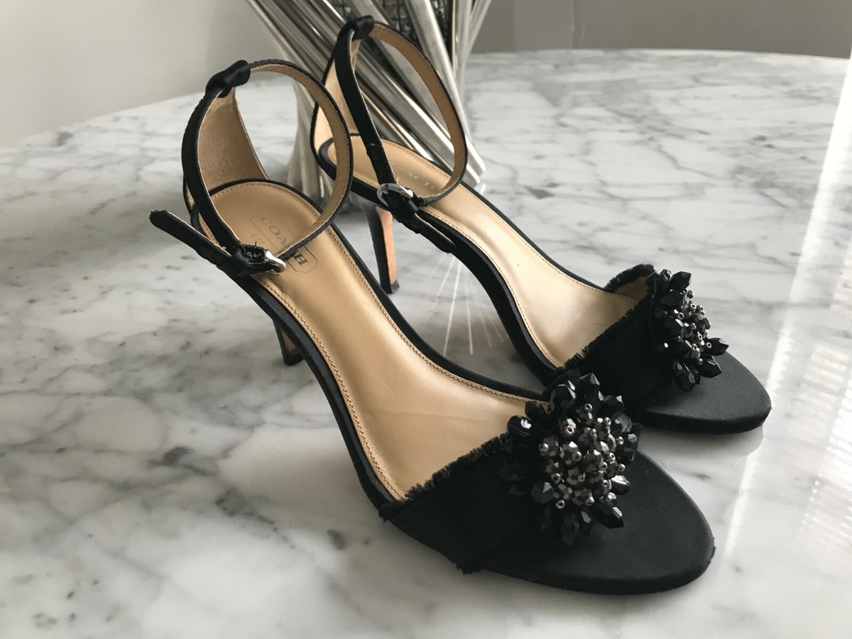 Women's COACH Open Toe Satin Black Strappy Pumps Heels Size