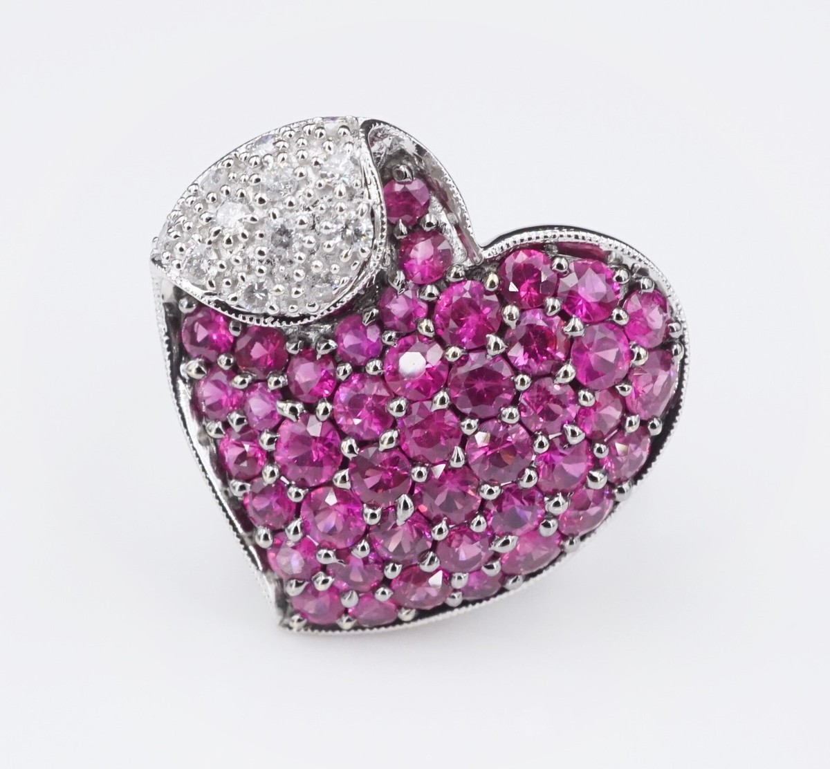 Samuel B. 14k White Gold Pave Ruby Diamond Heart Cocktail Ring Sz