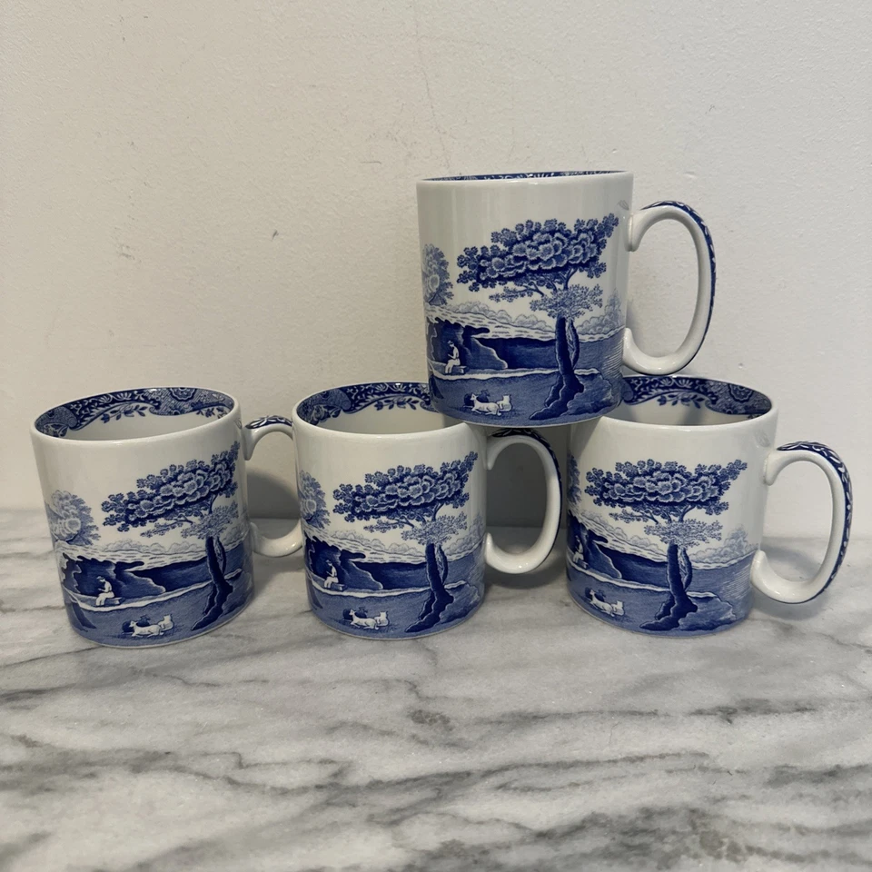Spode Blue Italian 9 oz Coffee Mugs Set of 4 Blue & White Country Scenes NWOT - Image 2 of 4
