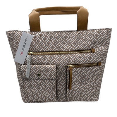 Liz Claiborne Tote Bag Multi Pocket Satchel Handbag Purse Brown White NWT $80