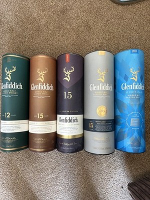 Auswahl aus 5 verschiedenen Leerboxen und Flaschen Glenfiddich Single Malt Whisky