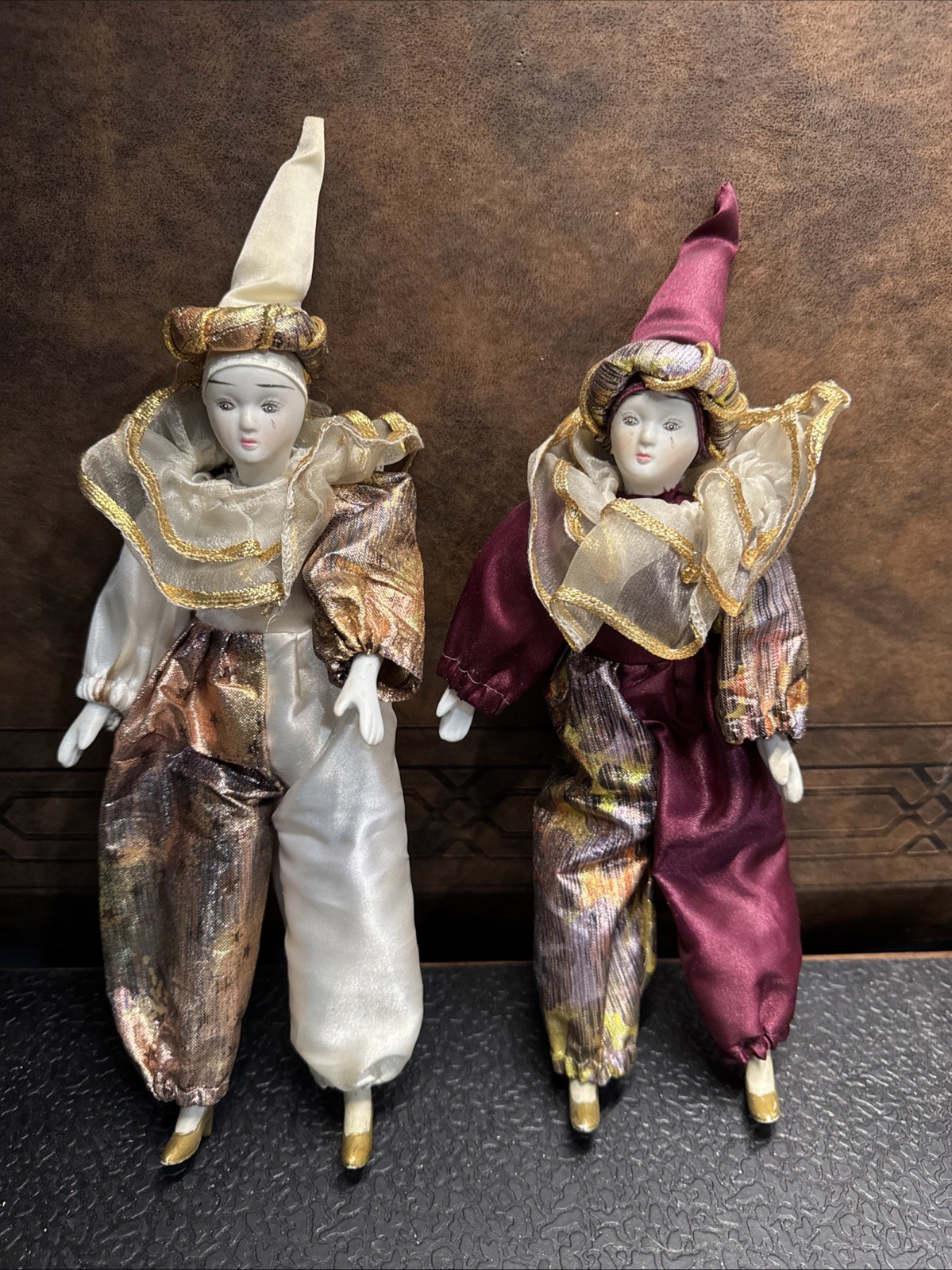 2-Vintage Porcelain Harlequin Jester DollsPurple/Gold White/Gold 10”/12” W/hat
