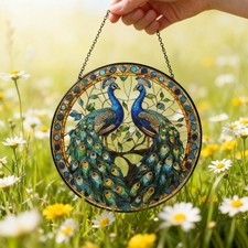Peacock Suncatcher Stained Glass Style Window Hanging Decor Gift
