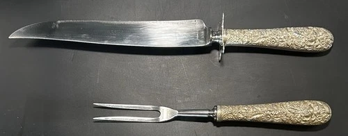 ANTIQUE  S. KIRK & SON INC STERLING SILVER REPOUSSE CARVING SET KNIFE & FORK