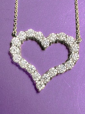 LARGE 2 TCW NATURAL DIAMONDS Open Heart Necklace 14K YG/WG 16-18'' GIA CERT G S1