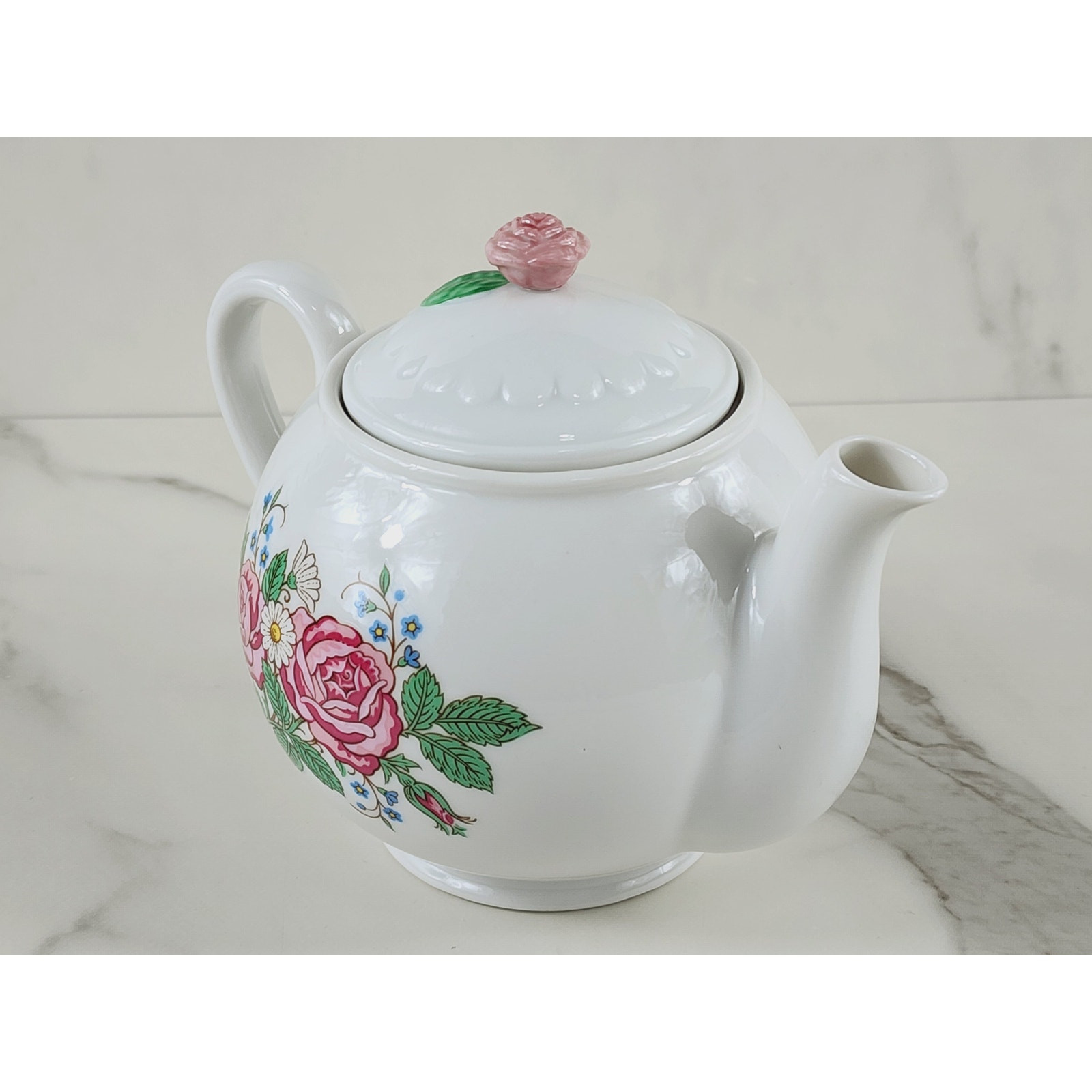 Hallmark Teapot w/ Lid Pink Rose Pattern White Porcelain 7" Dinnerware Vintage