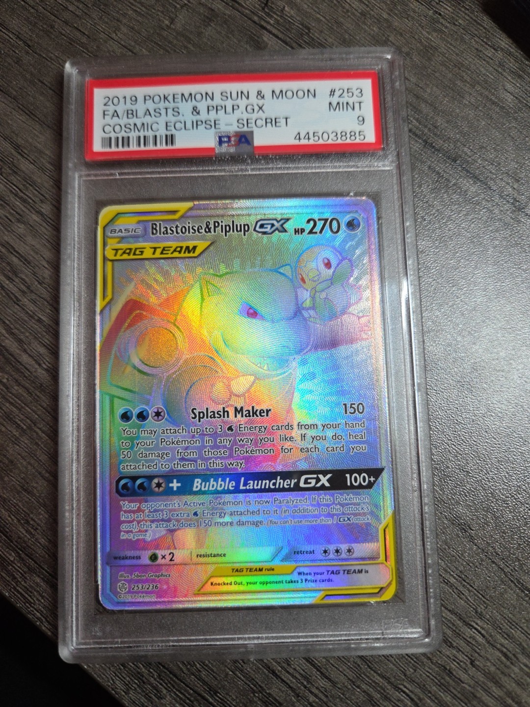 Pokémon Blastoise & Piplup GX (Secret) 253/236 Sm-Cosmic Eclipse Holo PSA 9