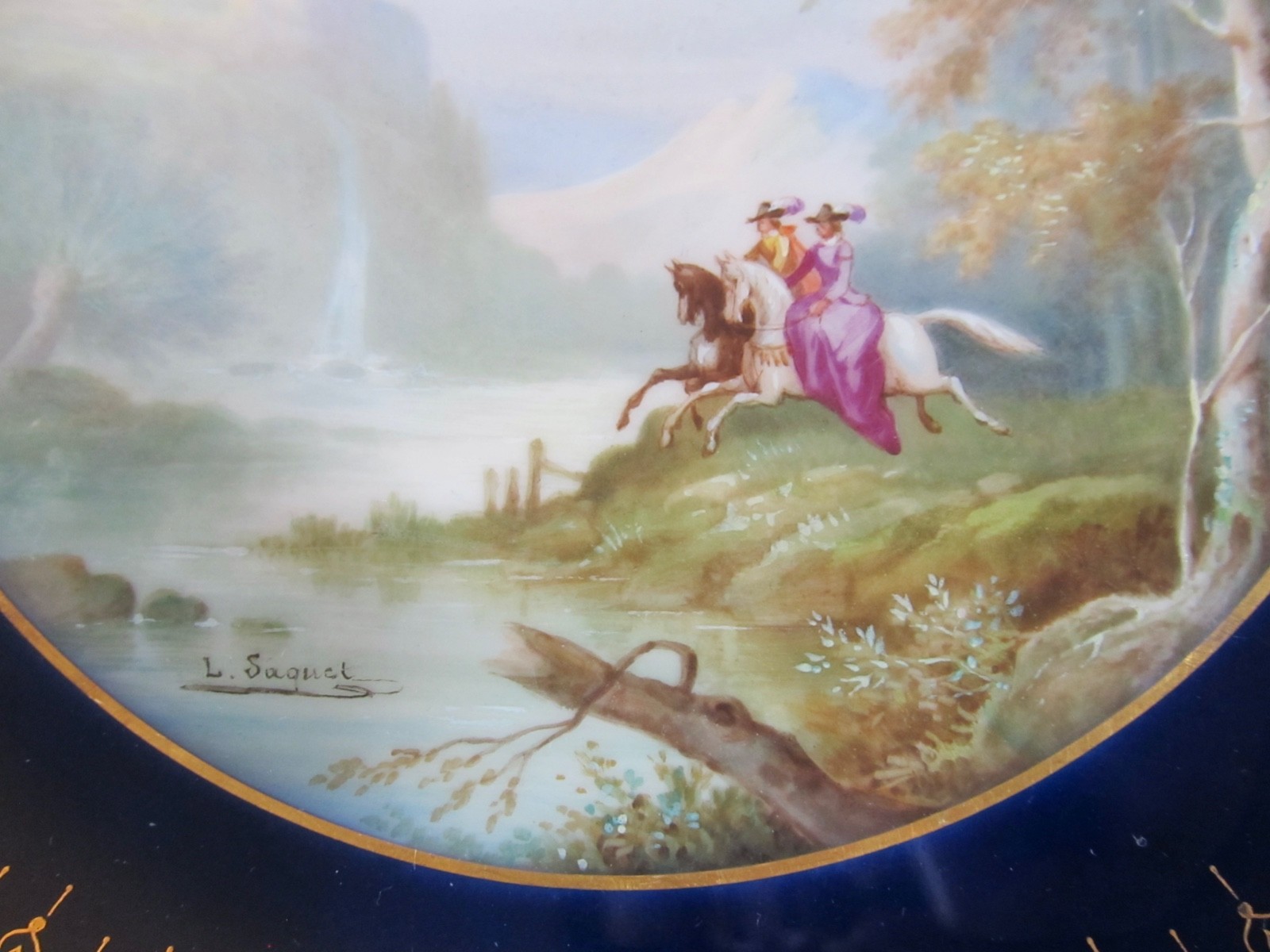 Antique Hand Painted Cobalt Blue Gold Encrusted Cabinet Plate Signed L. Saquet