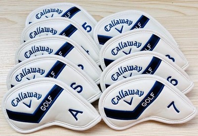 9Pcs Callaway Golf Iron Head Covers White / Blue Leather Magnetic Close