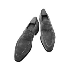 Handmade Formal Slip On Gray Suede Leather Moccasin Office Dress Shoes For Men